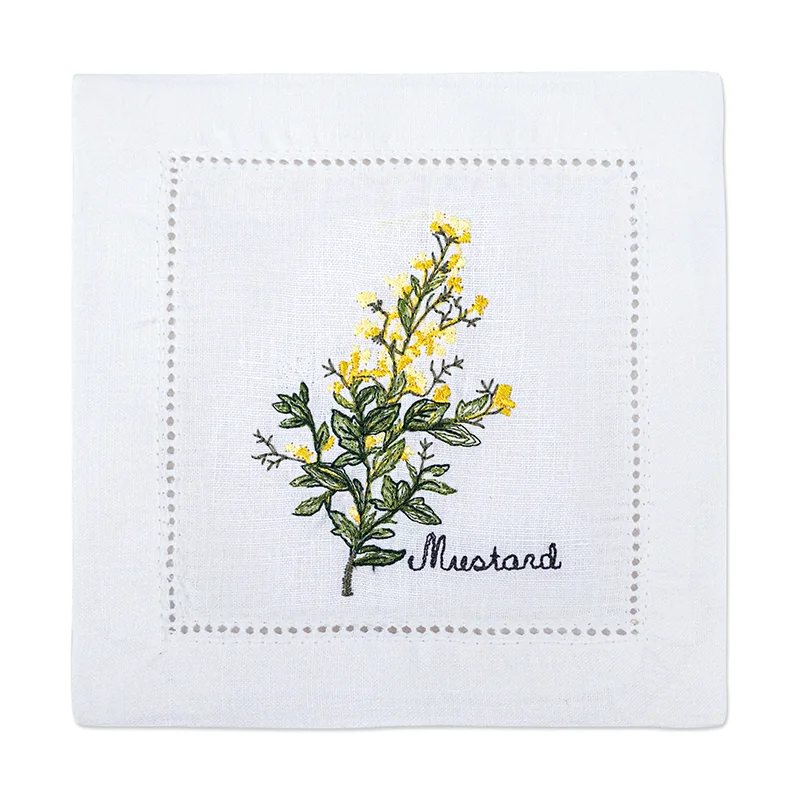 serviette cuisine lin blanc brodée motifs plantes aromatiques naturelle table élégante