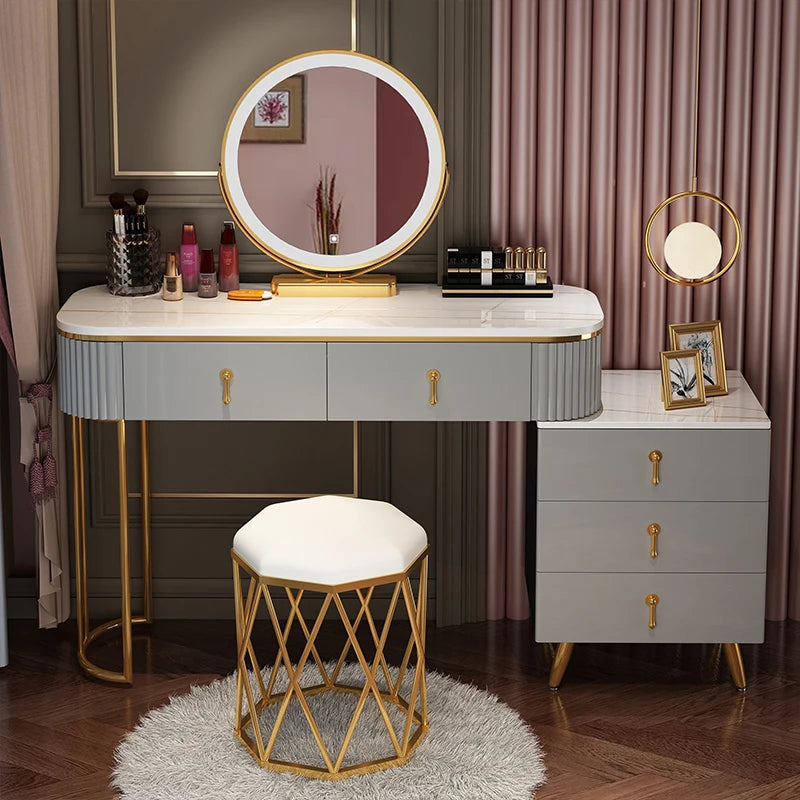 coiffeuse moderne miroir commode tiroirs tabouret miroir lumineux fauteuil blanc gris doré