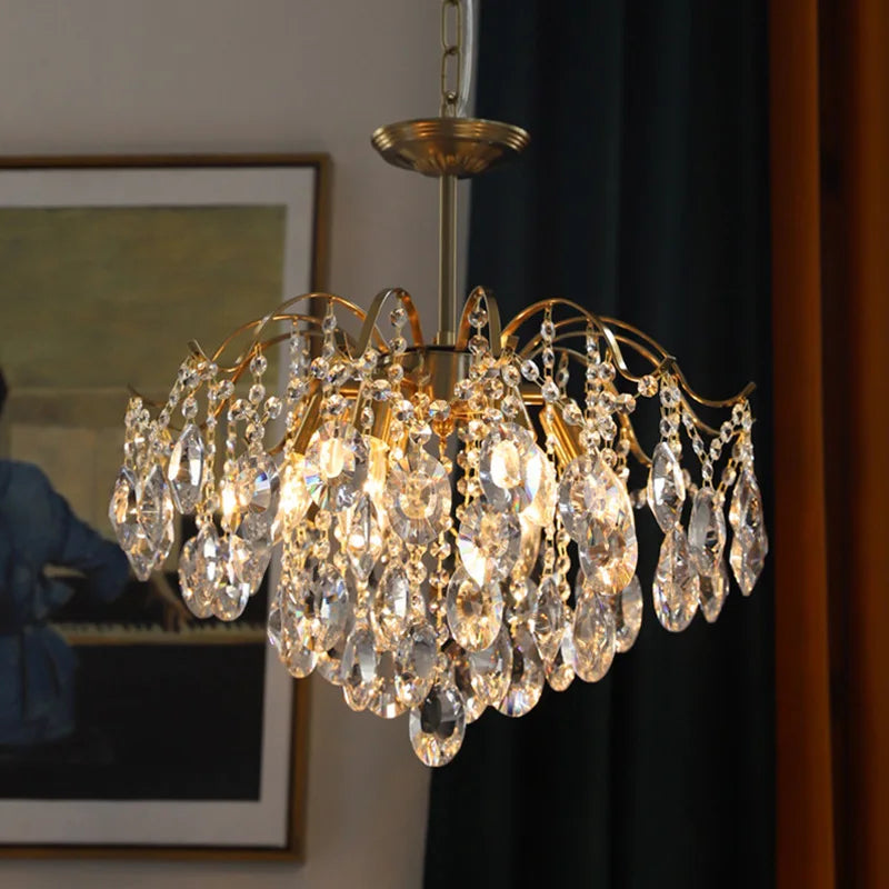 lustre suspension cristal transparent doré lumières classique élégant salon chambre