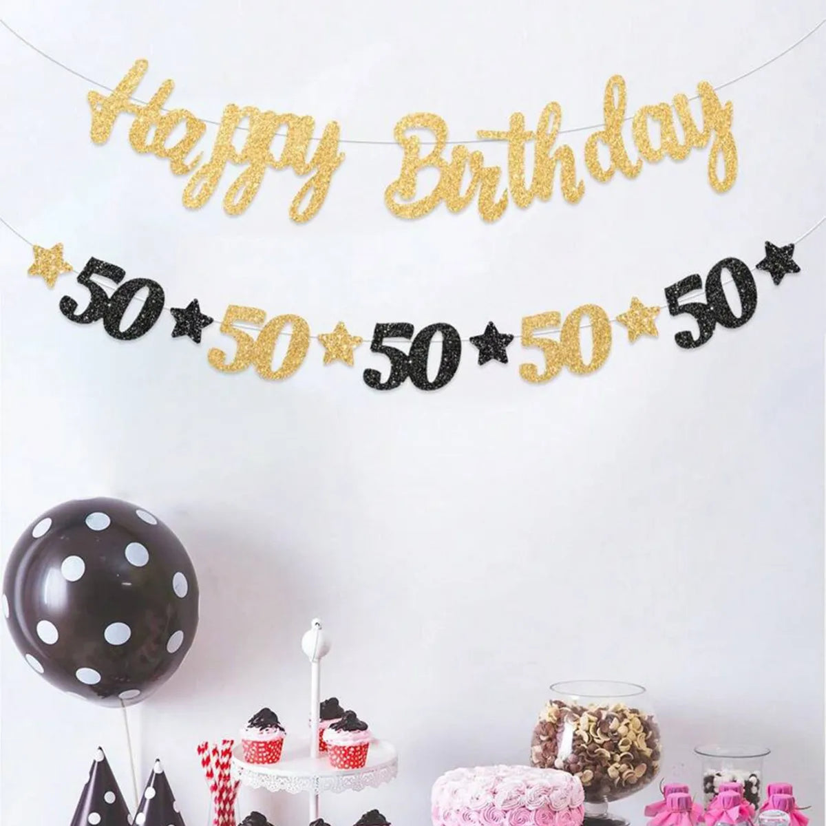 guirlande fête anniversaire or noir lettres étoiles élégante tringle fixée enfants festives