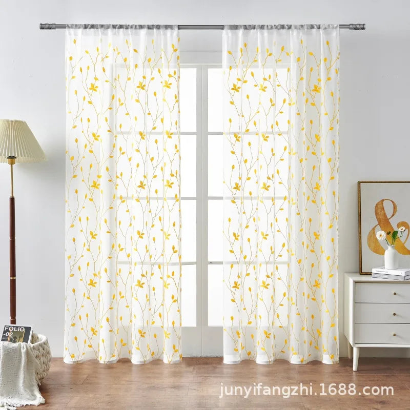 rideau transparent brodé feuilles protection uv polyester moderne blanc noir jaune vert turquoise floral
