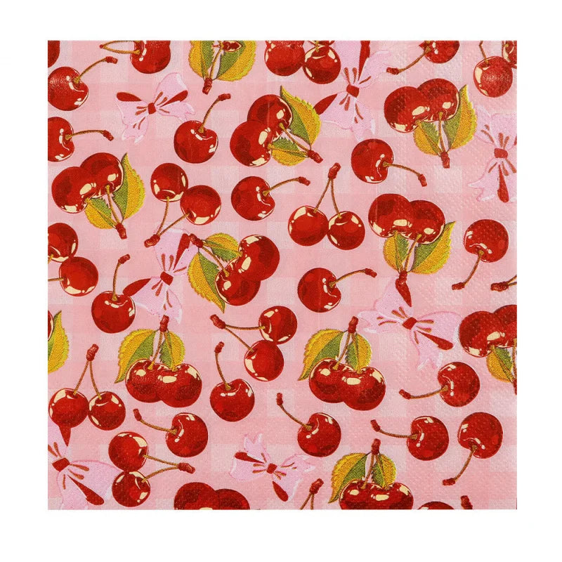 serviettes jetables rose clair cerises feuilles vertes fond rose moderne opaques pack 20PCS