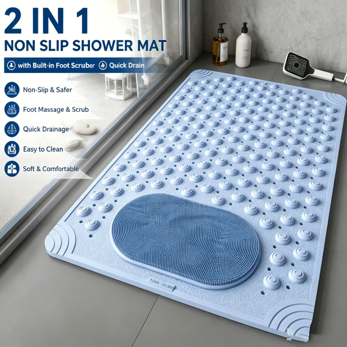 tapis douche antidérapant bosses massage pieds drainage rapide couleur bleu clair moderne