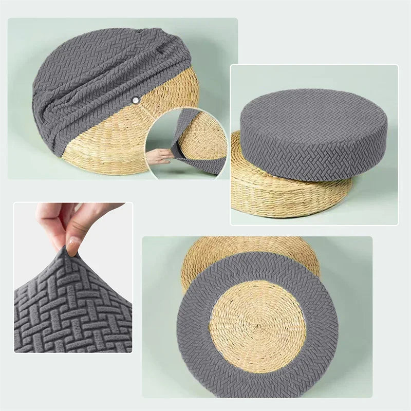 housse protection pouf rond gris moderne motif géométrique élastique