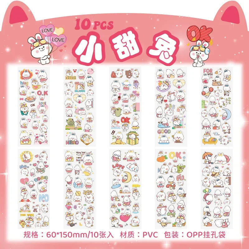 sticker kawaii adhésif dessins animés chats floraux textes scrapbooking transparent rose vert bleu blanc