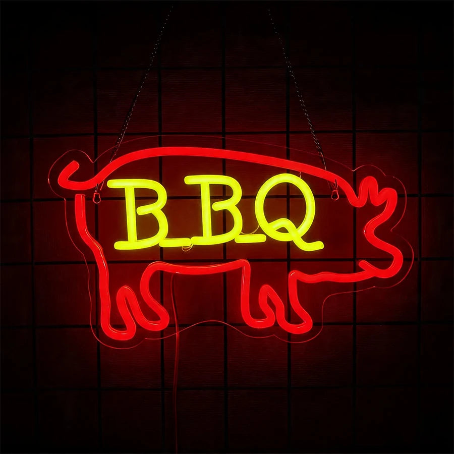 néon lumineux barbecue steak fourchette couteau flamme porc kebab rouge blanc moderne fixations murales