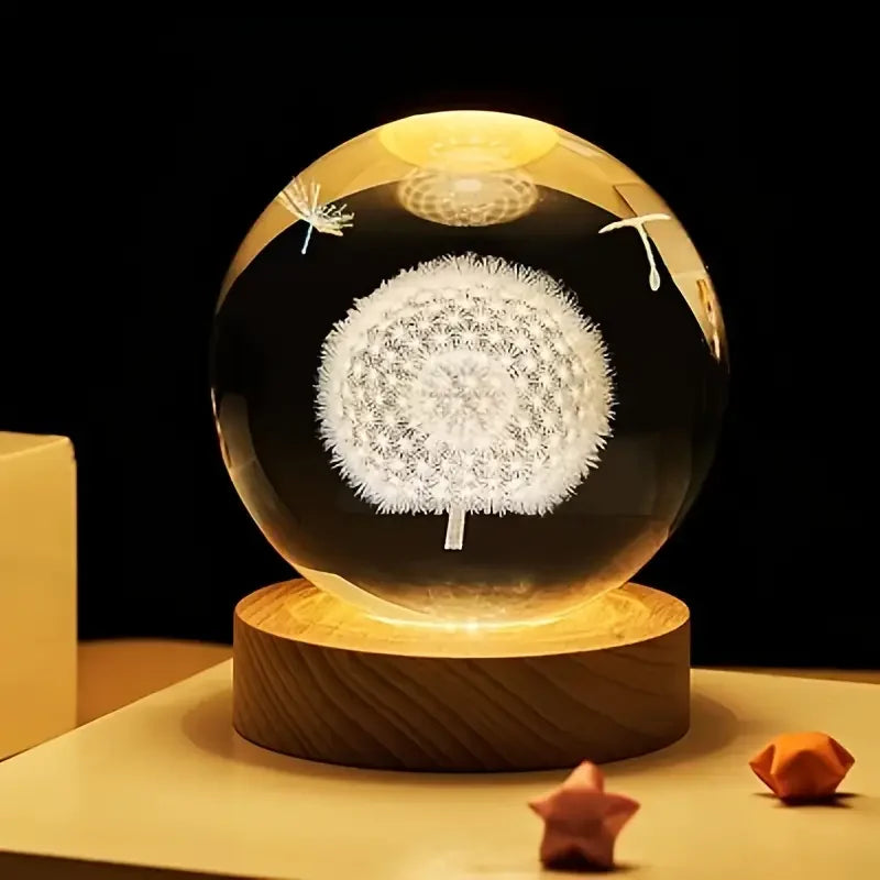 veilleuse boule lumineuse 3d dandelion transparente moderne câble usb base bois déco anniversaire cadeau