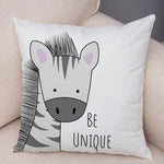 taies d'oreiller animaux girafe lion hippopotame cartoon couleurs positives be brave be unique