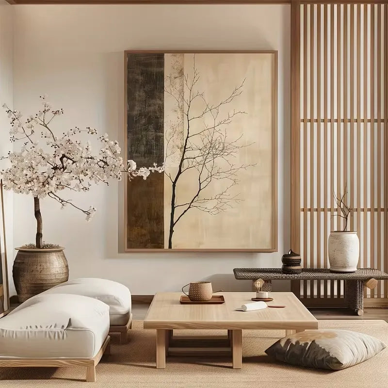 tableau abstrait moderne toile beige arbre nu fond simple sans cadre minimaliste chambre salon
