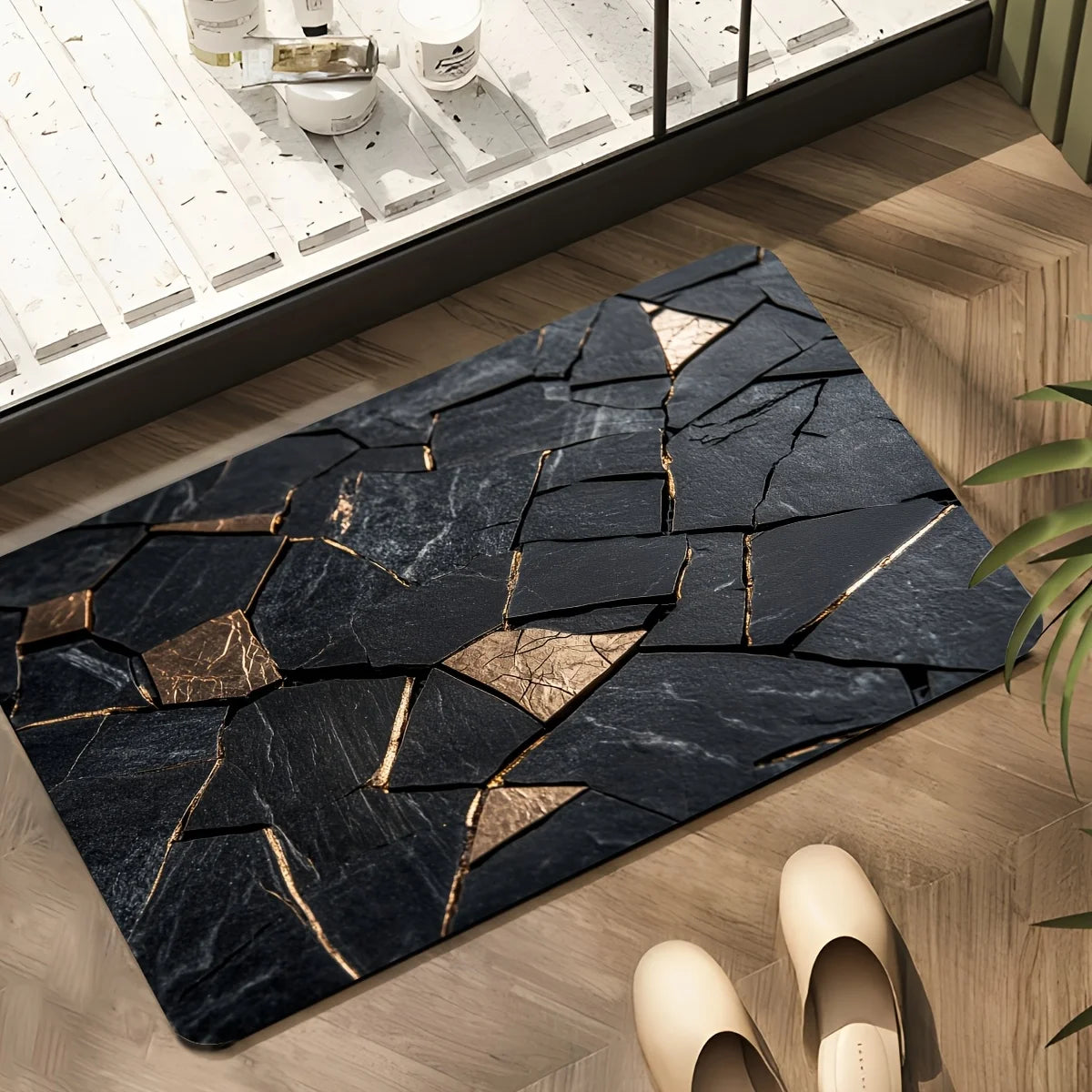 tapis noir doré marbre géométrique moderne élégant anti dérapant lavable salle bain cuisine