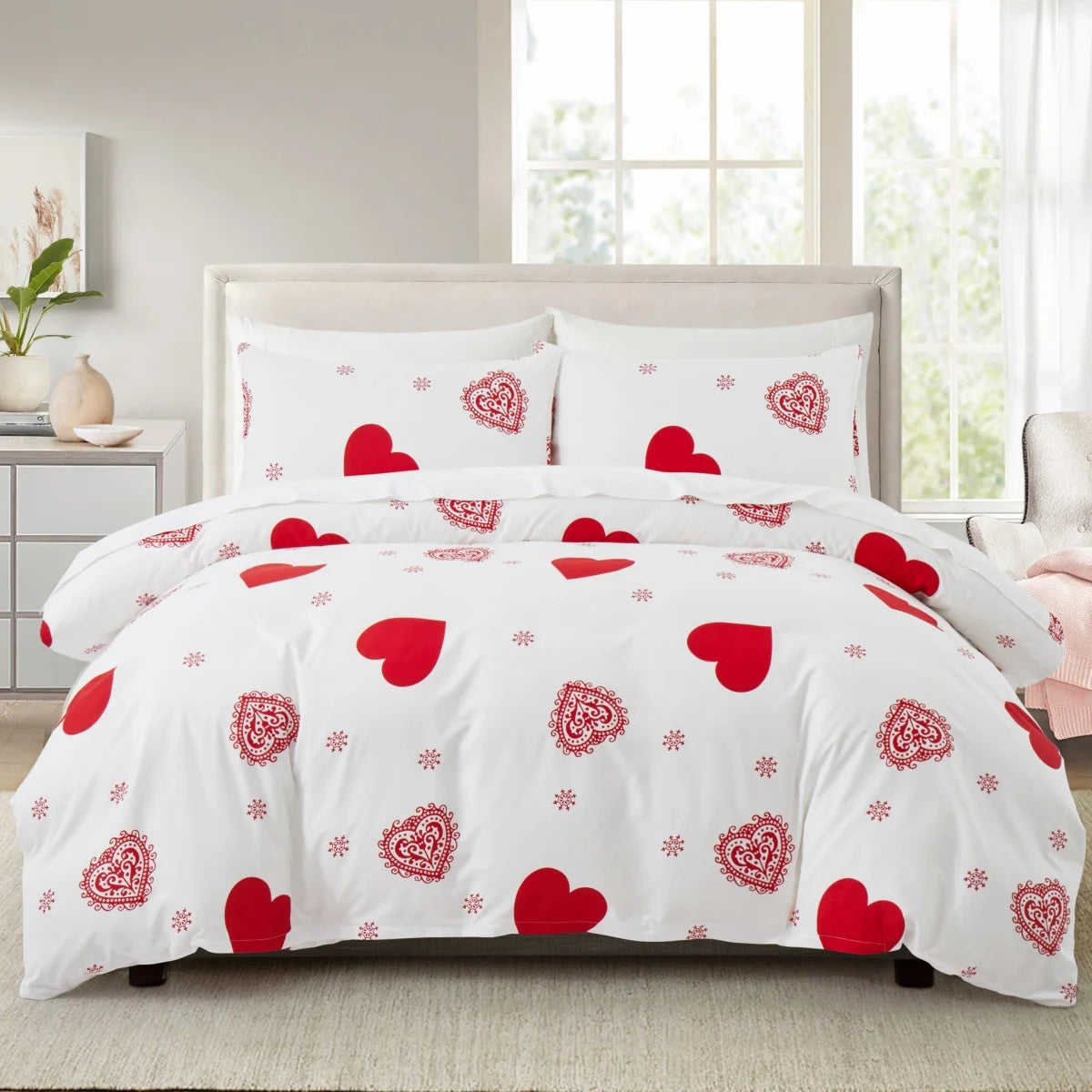 Housse de couette coeur rouge réversible sur lit double