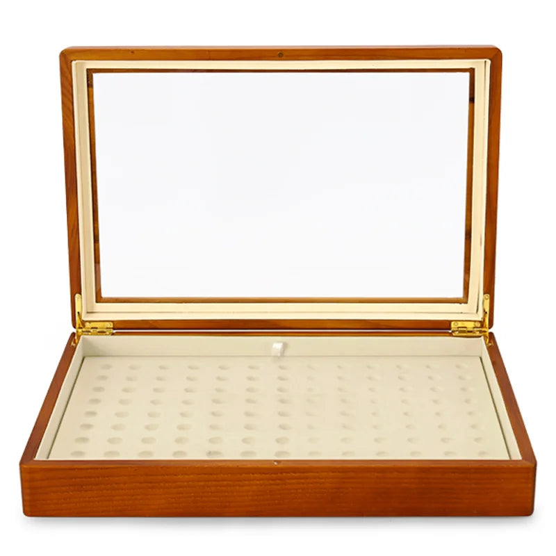 boîte bijoux bois marron clair intérieur beige simili cuir rangement display stackable organizer anneaux