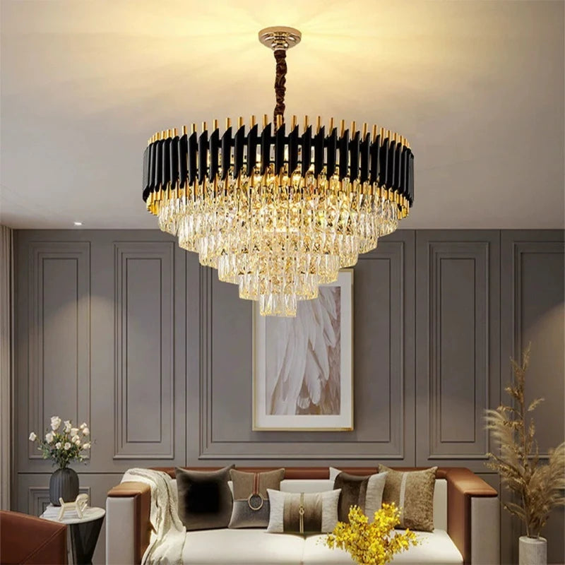 lustres cristal moderne luxueux chandelier noir or transparent led salon