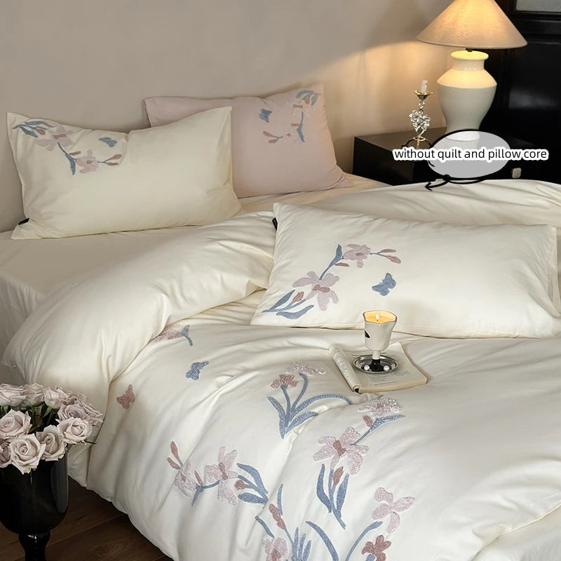 ensemble literie fleurs brodées blanc rose pâle 180x210cm 200x200cm 220x240cm 260x240cm pièces