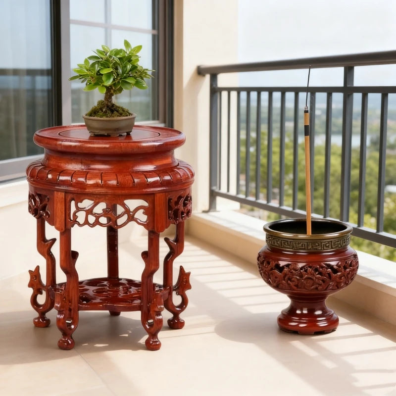 support bois sculpté asiatique traditionnel base plante décoration intérieure vintage trépidation florale complexe