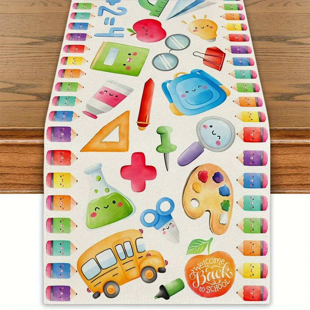 serviette table scolaire motif multicolore crayons règles pommes moderne enfantine bus scolaire faces mignonnes
