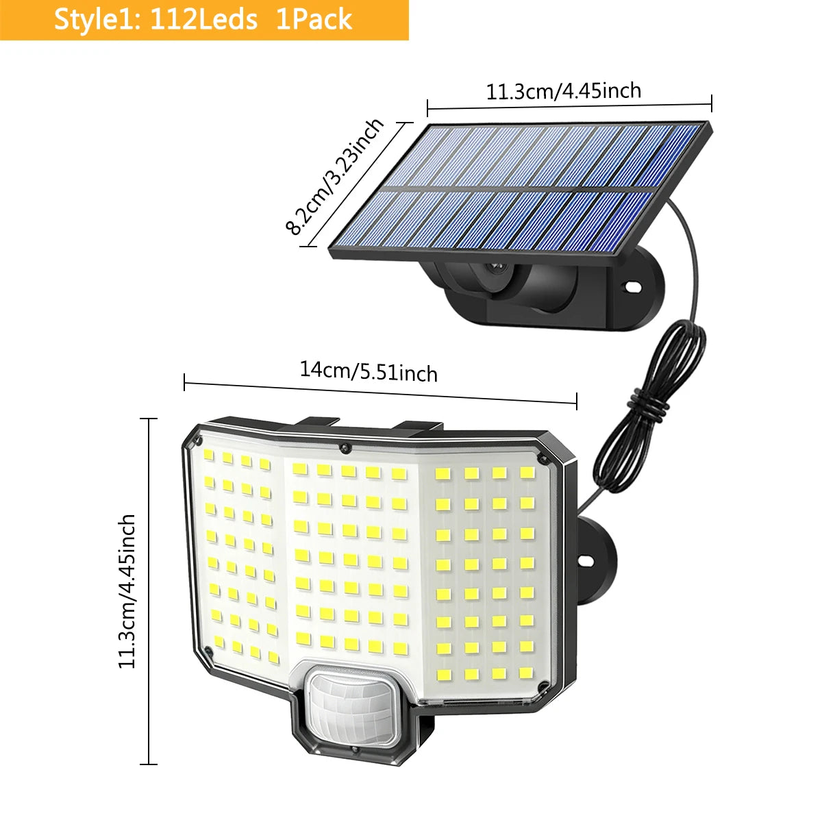 lampe solaire murale extérieure 112 led ip65 étanche capteur mouvement automatique moderne noire