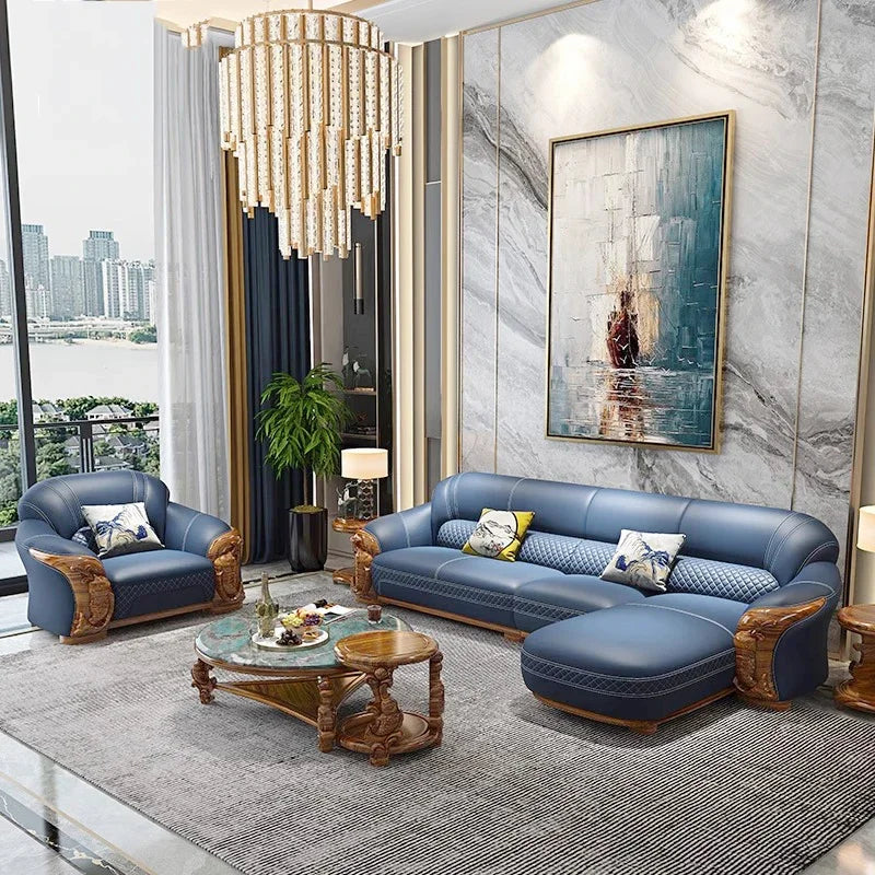 canapé bleu cuir classique ornements bois coussins décoratifs salon moderne chinese