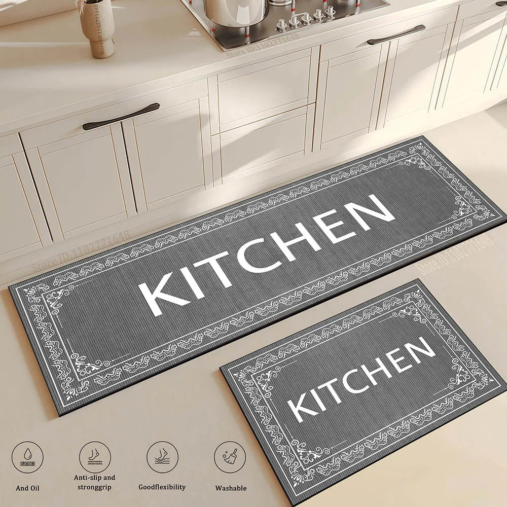 tapis cuisine gris foncé illustrations ustensiles géométrique moderne antidérapant PVC 40x60cm 50x80cm