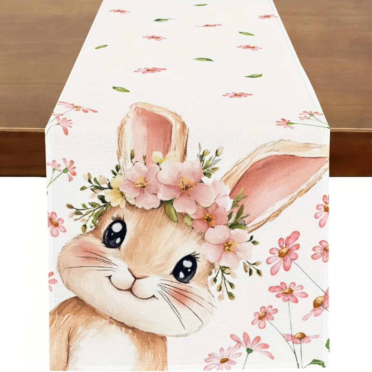 nappe maison lapin couronne fleurs blanches marron rose enfantine champêtre printemps polyester imprimé