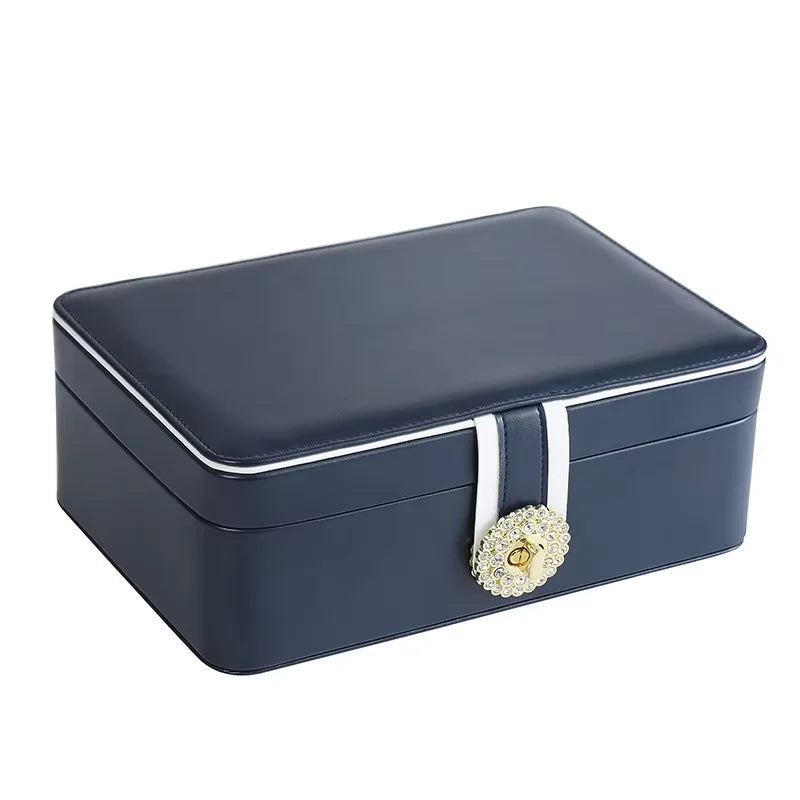 boîte bijoux bleu marine classique simili cuir double compartiment rangement bagues bracelets montres colliers