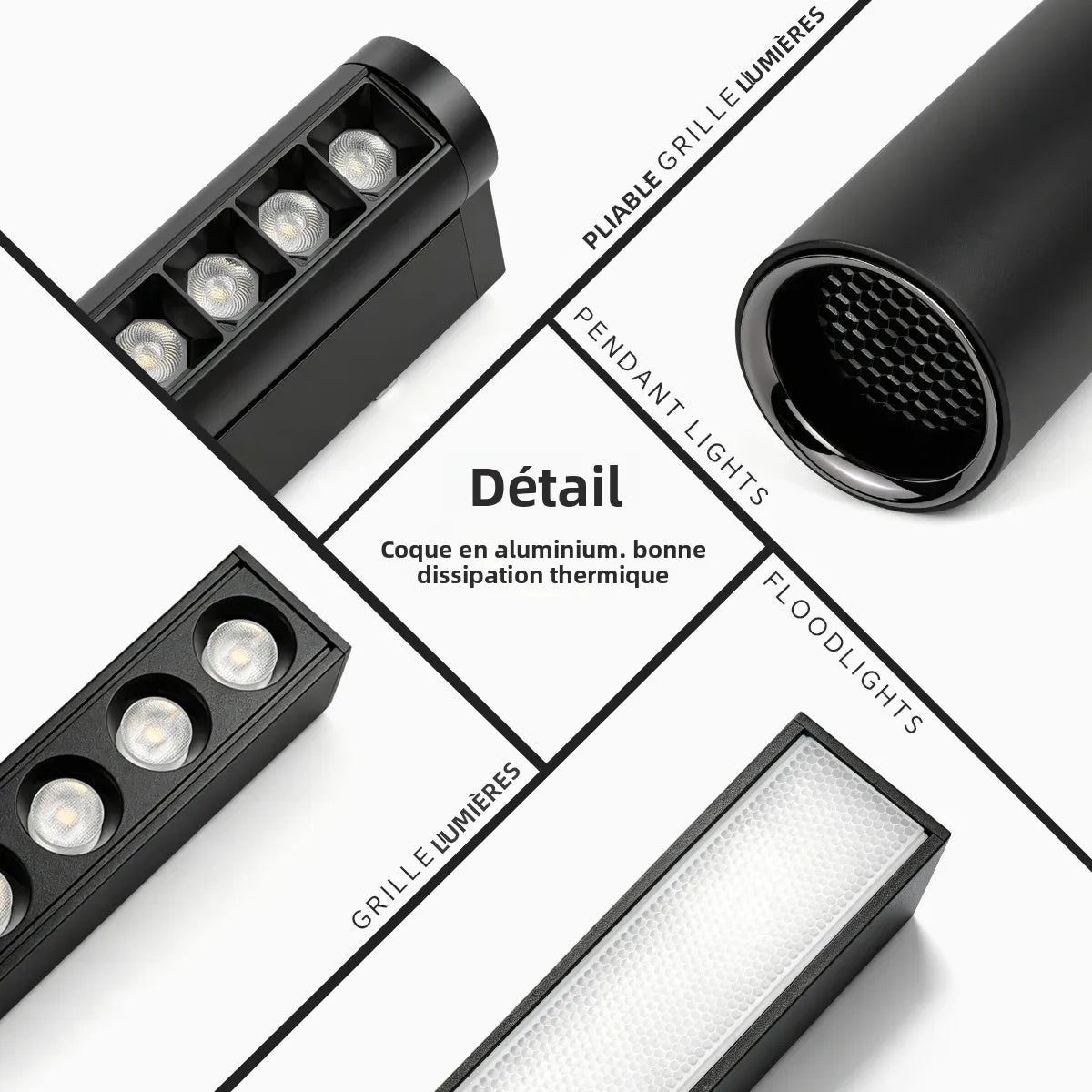 projecteurs led aimants rail noir moderne grille lumineuse réglable certifiés ul rohs