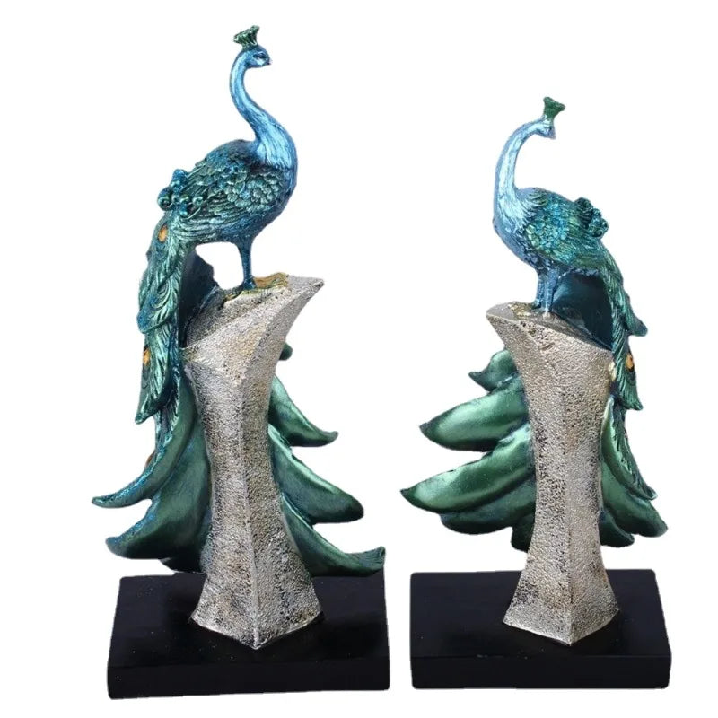 statues oiseaux plumes dorées bleu vert artisanal décoration maison ornement cave vin salon unique