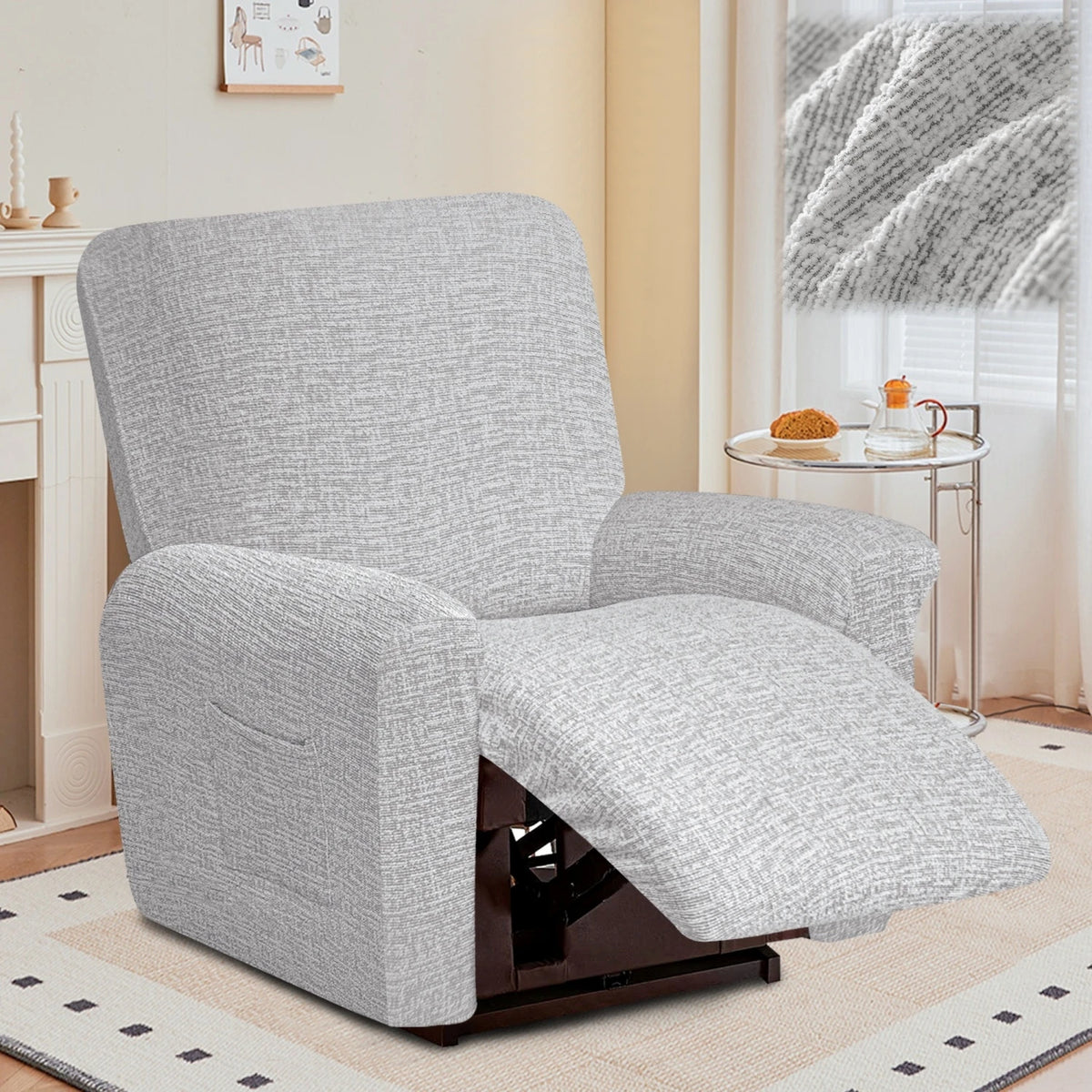 housse fauteuil inclinable beige clair tissu petits points noirs protection siège salon moderne extensible