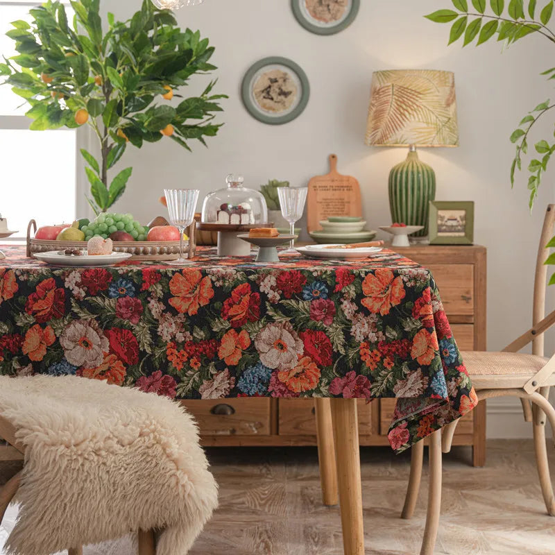 nappe table basse imperméable huile fleurs feuilles vintage multicolore rouge orange verte bleue