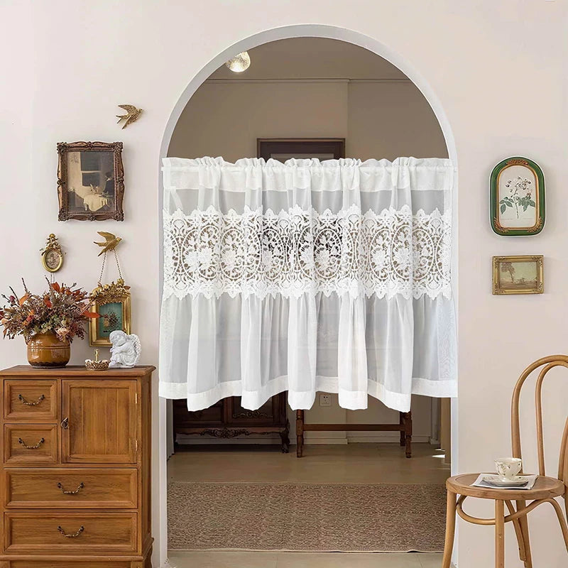 rideau blanc dentelle fleurs transparent vintage romantique maison polyester