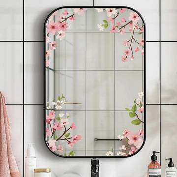 sticker floral miroir decoratif fleur sakura opaque rose blanc vert marron asiatique chambre salon