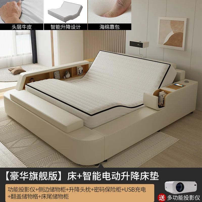 lit moderne tête lit rangements matelas draps blancs oreillers coussins table chevet chambre