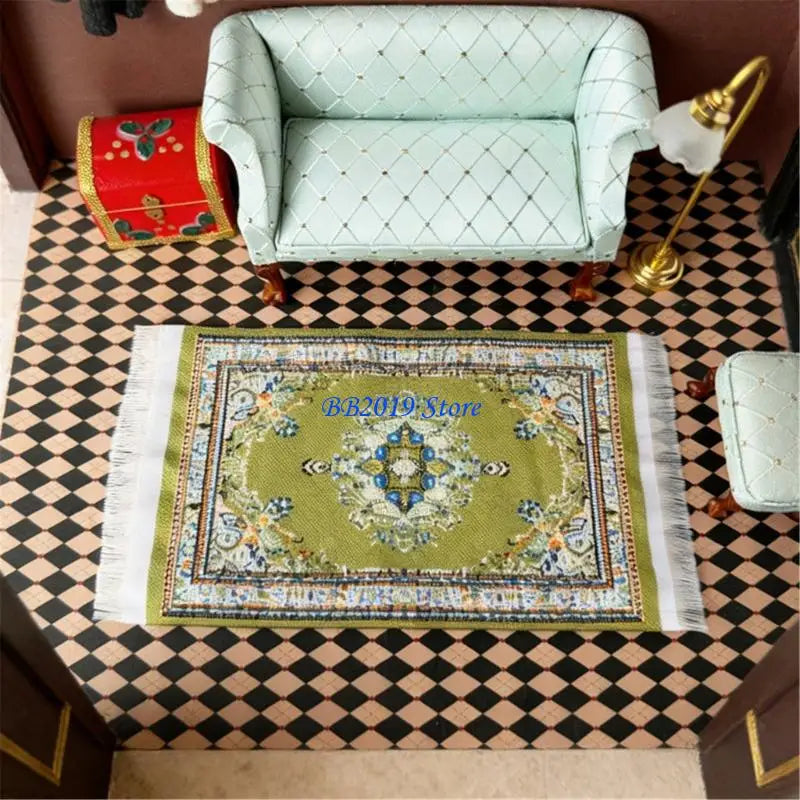 tapis miniature oriental motifs floraux géométriques franges accessoires maison poupée tissu vert olive beige