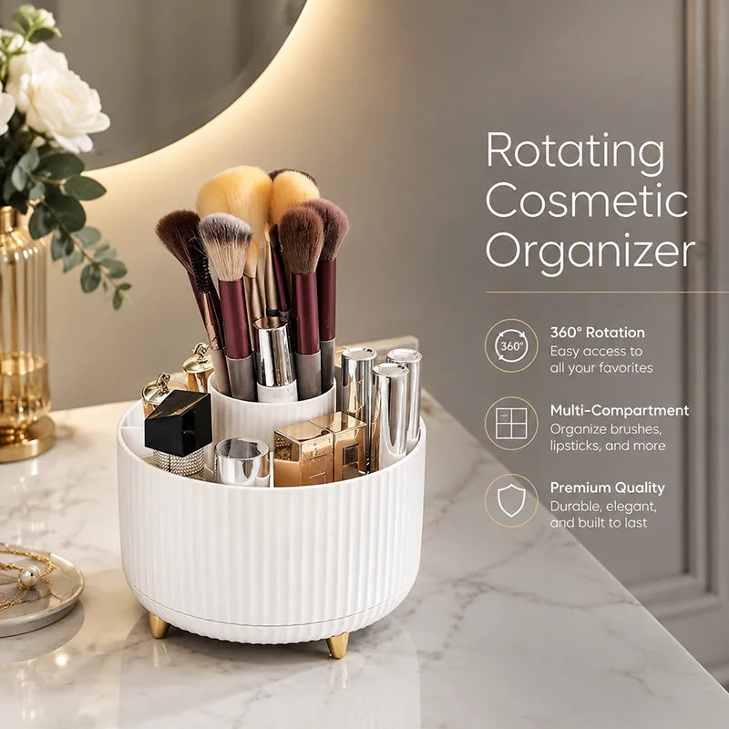 organisateur maquillage rotatif vert foncé blanc rayures modernes pinceaux produits cosmétiques pieds dorés