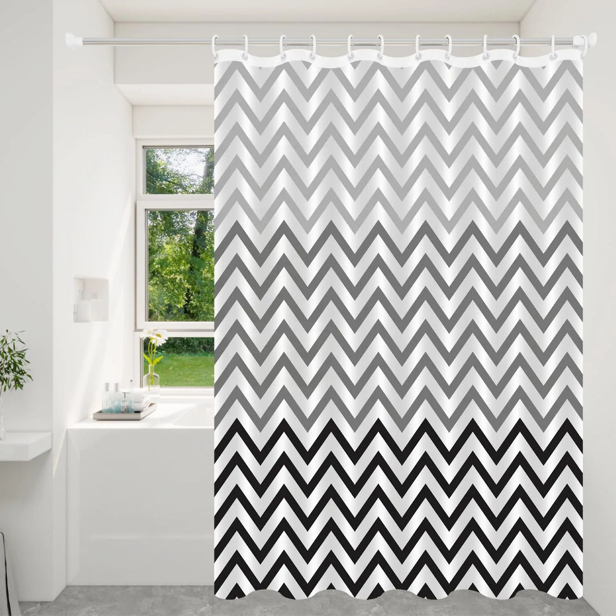 rideau douche moderne éva gris blanc noir motif zigzag opale respectueux l'environnement