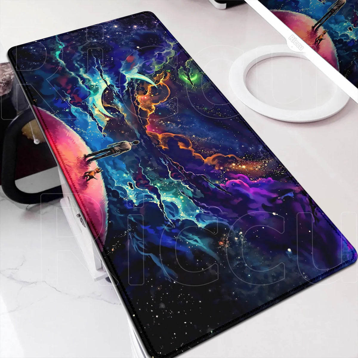 tapis souris gaming large taille bleu violet nuages étoiles antiderapant moderne