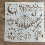 Stencil blanc motifs floraux géométriques papillon lune artisanal laser cut 20cm 20cm