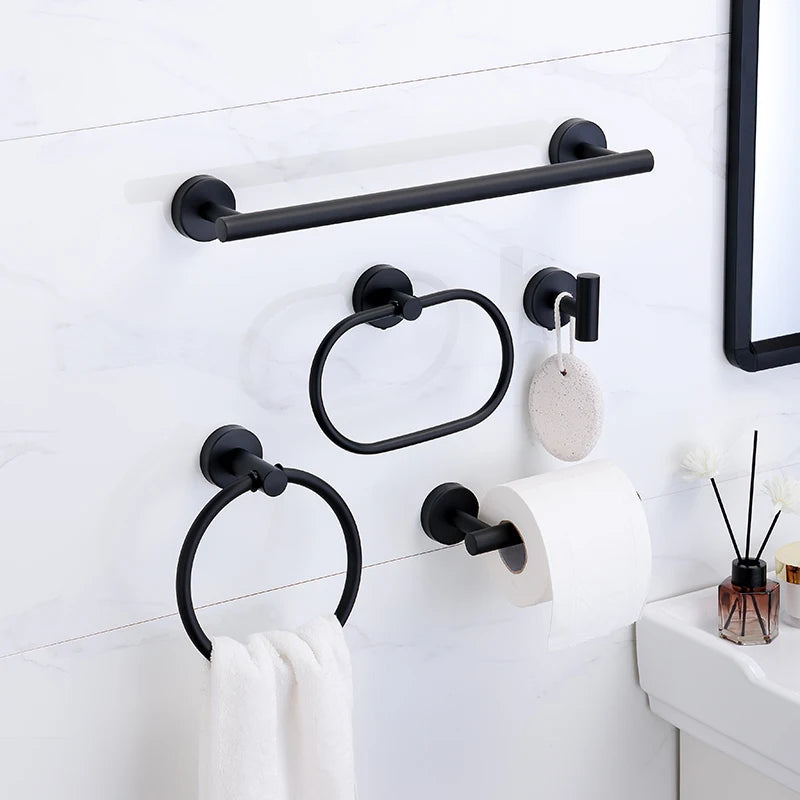 ensemble accessoires salle bain noir mat porte serviette anneau papier savon moderne acier