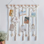 cadre mural macramé boho blanc motifs géométriques clips bois photos notes peigne