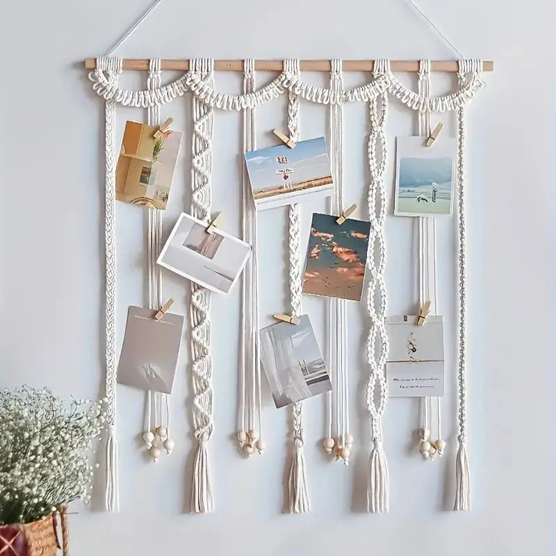 cadre mural macramé boho blanc motifs géométriques clips bois photos notes peigne