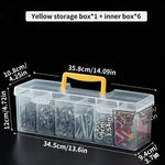 boîte outils transparente poignée jaune contenant vis boulons clous tournevis clé rubans adhésifs pratique