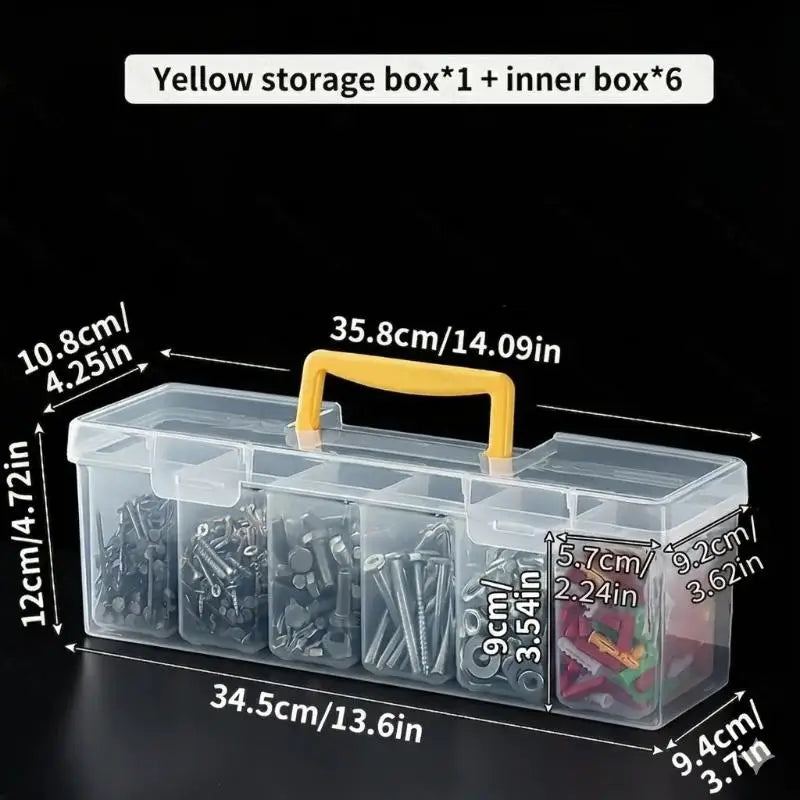 boîte outils transparente poignée jaune contenant vis boulons clous tournevis clé rubans adhésifs pratique
