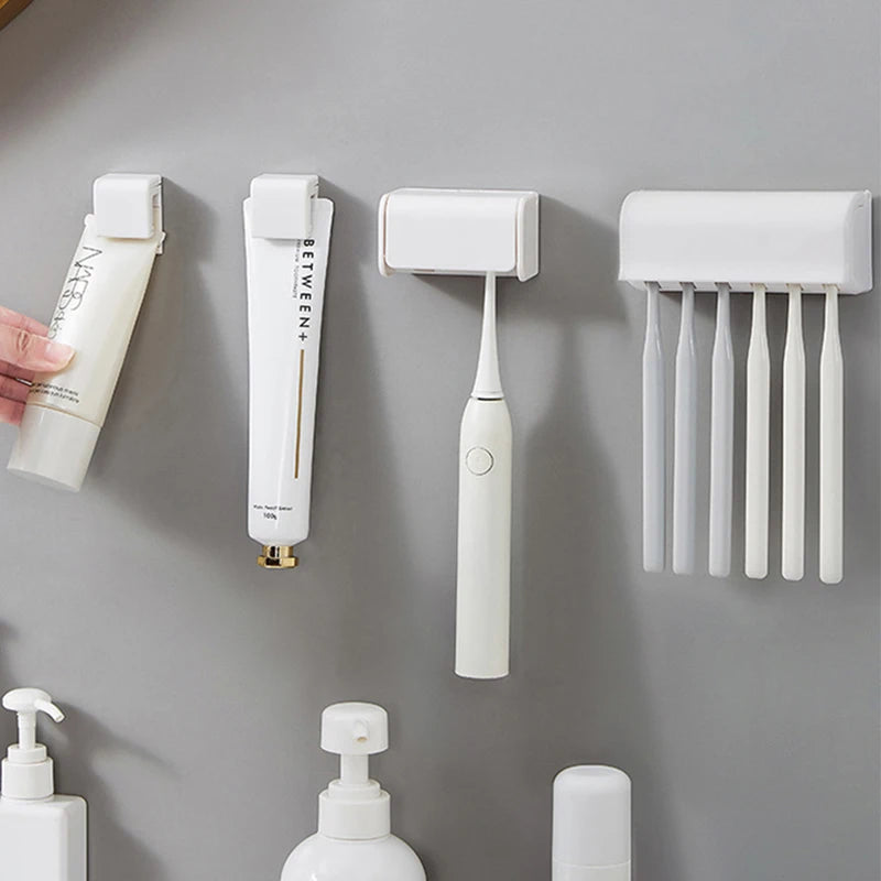 organisateur mural blanc minimaliste adhésif porte brosses tubes dentifrice support papier toilette salle bain