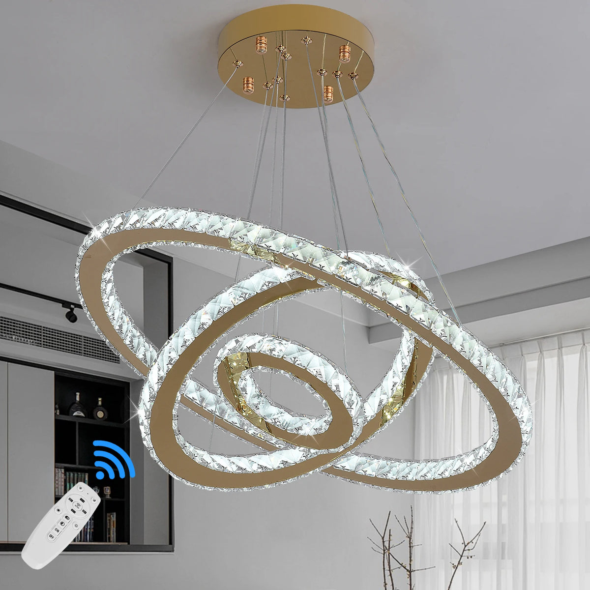 Suspension lumineuse moderne dorée cristaux scintillants led élégante télécommande entrée salon
