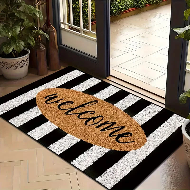 tapis sol moderne rayures horizontales noir blanc rose orange résistant antidérapant extérieur machine