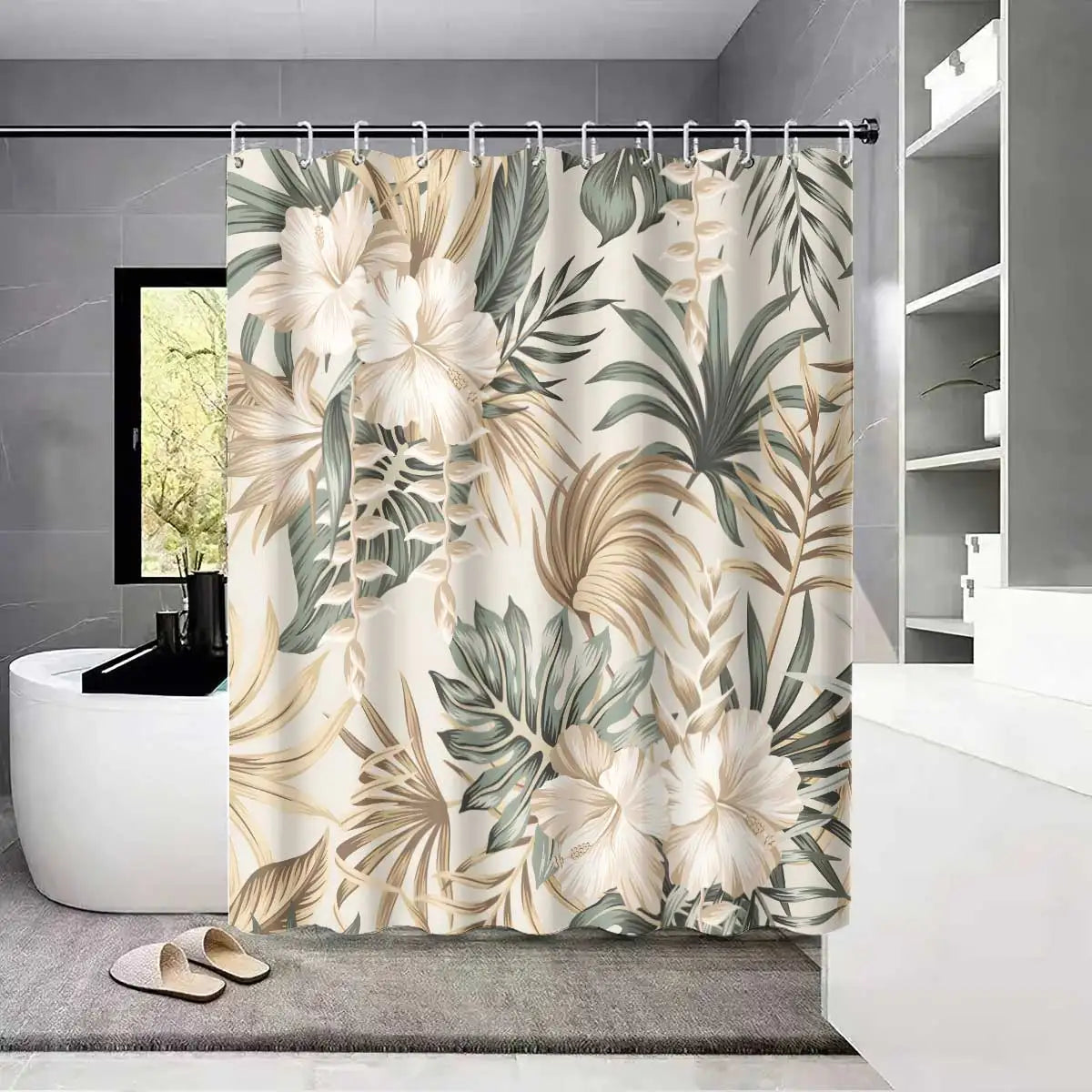 rideau douche tropical feuilles vertes fleurs blanches opacité moderne 12 anneaux métalliques polyester dimension
