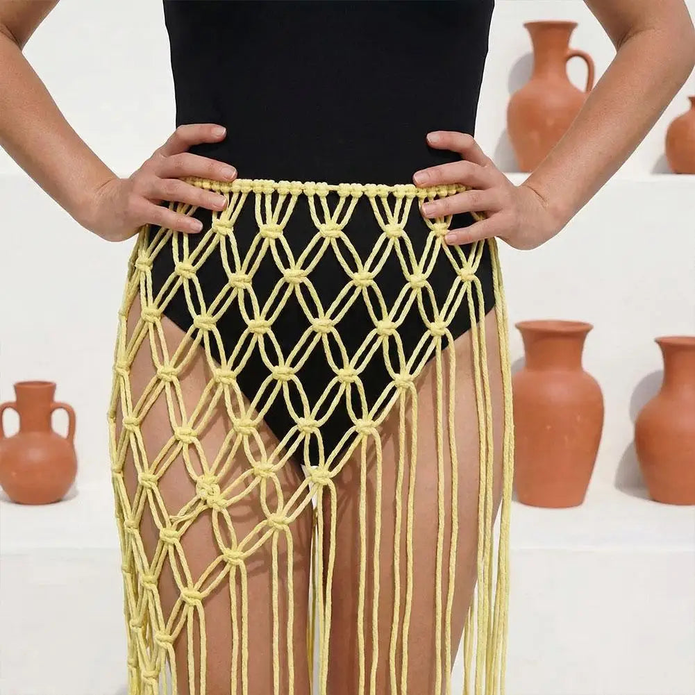 ceinture boho chic macramé franges pompons femme solides couleurs noire blanche rose jaune verte