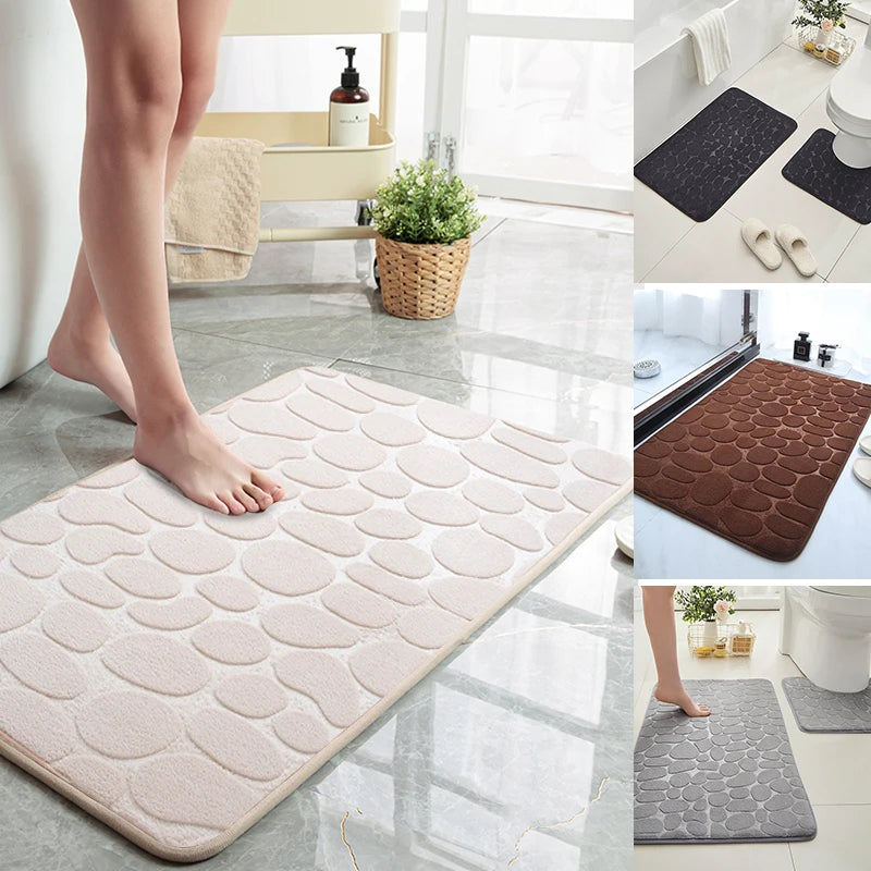 tapis sol salle bain antidérapant absorbant texture cailloux gris moderne bleu marine noir decoration
