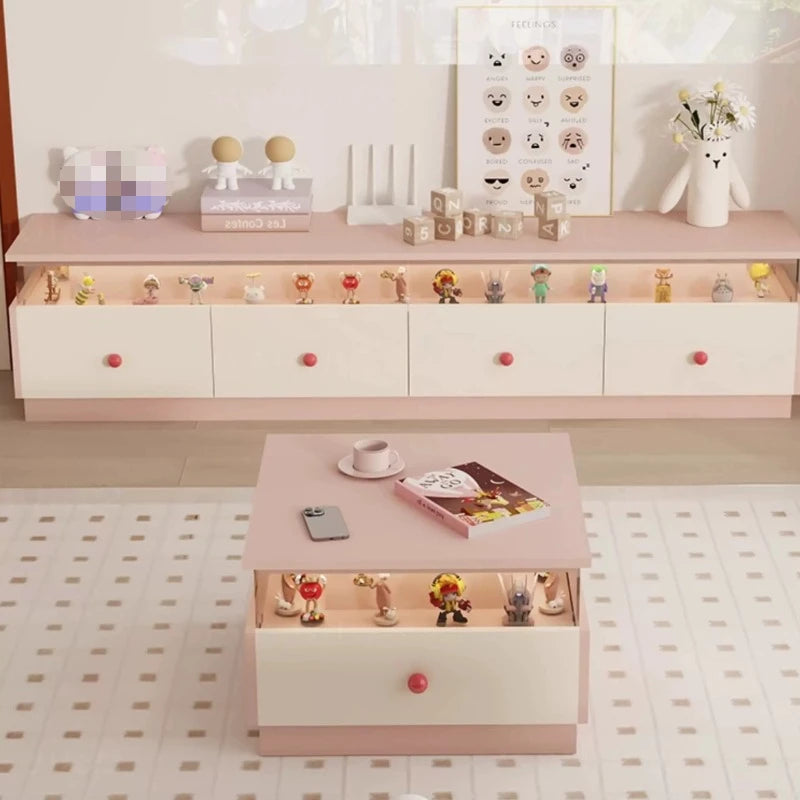 meuble tv moderne rose clair blanc tiroirs vitrés figurines décoratives table basse ludique enfants