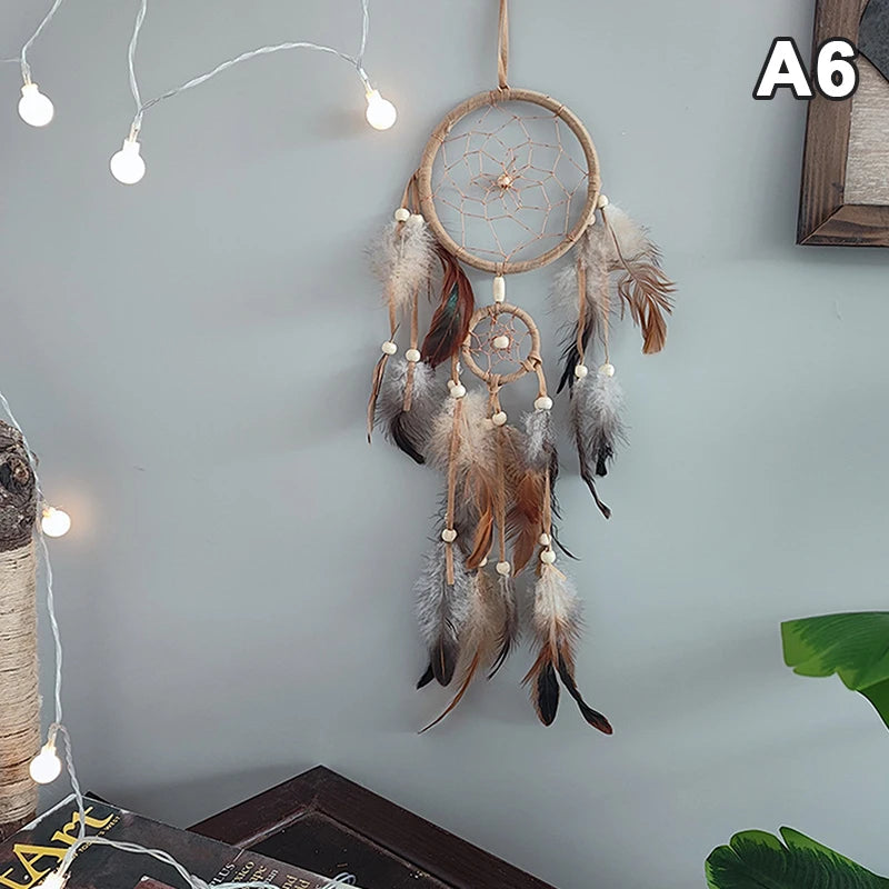 décoration intérieure attrape rêves boho plumes fil coton tressé marron bleu blanc gris